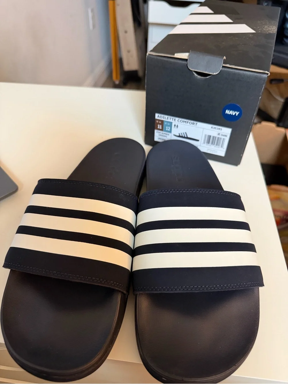adidas Navy and White Three-Stripe Slide Sandals
